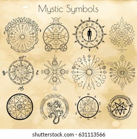 Big set with mystic and occult symbols on textured background. Hand drawn illustrations, vector doodle drawings