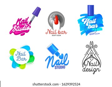 Big Set of Nail Art Studio Icons or Logo Design. Finger, Brush with Pink Polish Splash and Typography. Female Manicure and Pedicure Salon Poster Banner Flyer Brochure. Cartoon Flat Vector Illustration