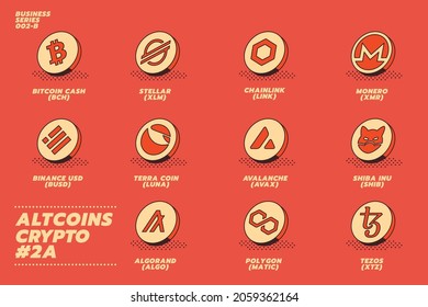 Gran conjunto de monedas con el logo de la moneda de gran nombre altcoins cripto: Bitcoin Cash, XLM, STELLARm Chainlink, Link, XMR, TERRA, Binance, Shiba Inu, Algorand, Polygon, Tezos, XTZ y otros