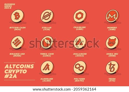 Big set of big name altcoins crypto currency logo coins: Bitcoin Cash, XLM, STELLARm Chainlink, Link, XMR, TERRA, Binance, Shiba Inu, Algorand, Polygon, Tezos, XTZ and other