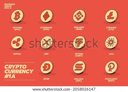 Big set of big name crypto currency logo coins: Bitcoin, Litecoin, Binance, Ethereum, Ripple, XRP, Dodgecoin, Solana, ADA, USDT, Solana, Polkadot and other