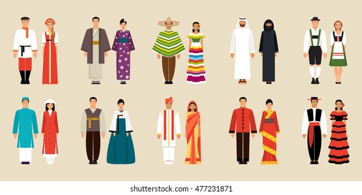 Big set of national costumes. Russian and Japanese, Chinese and Korean, Mexican and Spanish and Arabic, German, Indian and Vietnamese traditional costumes