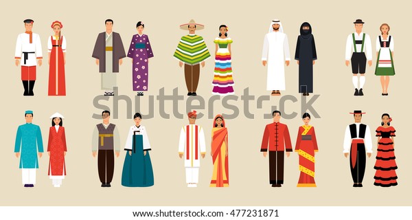 国の衣装の大きなセット ロシアと日本 中国と韓国 メキシコとスペイン アラビア語 ドイツ インドとベトナムの伝統衣装 のベクター画像素材 ロイヤリティフリー