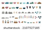 Big set of natural elements. Plants, bushes, mushrooms, flowers, mountains. Vector illustration. Elements for creating a map, a T-shirt print, a children's decor