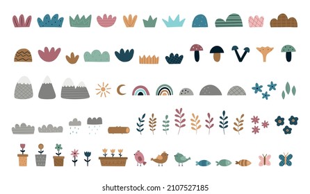 Big set of natural elements. Plants, bushes, mushrooms, flowers, mountains. Vector illustration. Elements for creating a map, a T-shirt print, a children's decor
