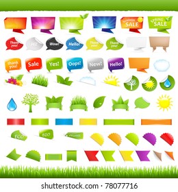 Big Set Nature Symbols, Stickers And Ribbons, Isolated On White Background, Vector Illustration