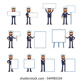 Big set of navy captain characters posing with different blank banners. Cheerful skipper holding paper, poster, placard, pointing to whiteboard. Teach, advertise, promote. Simple vector illustration