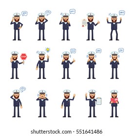 Big set of navy captain characters showing different actions, gestures, emotions. Cheerful skipper talking on phone, holding stop sign, book and doing other actions. Simple vector illustration