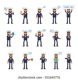 Big set of navy captain characters showing different actions, gestures, emotions. Cheerful skipper singing, sleeping, holding loudspeaker, map, beer and doing other actions. Simple vector illustration