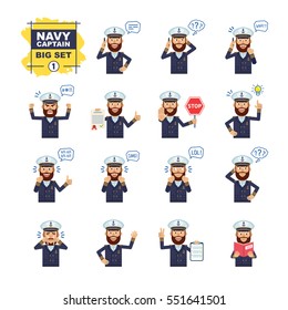 Big set of navy captain emoticons showing different actions, gestures, emotions. Cheerful skipper talking on phone, holding stop sign, book and doing other actions. Simple vector illustration