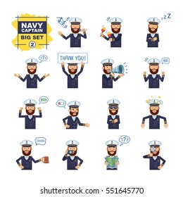 Big set of navy captain emoticons showing diverse actions, gestures, emotions. Cheerful skipper singing, sleeping, holding loudspeaker, map, beer and doing other actions. Simple vector illustration