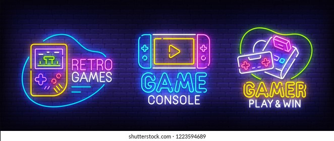 Big set neon billboard Retro Games. Gamer. Game console logo, label and emblem. Neon sign, isolated sticker, bright signboard, light banner. 