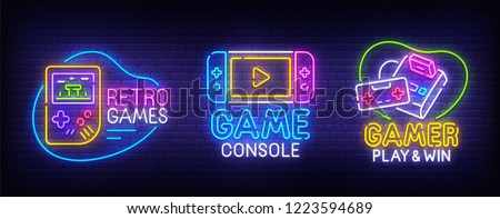 Big set neon billboard Retro Games. Gamer. Game console logo, label and emblem. Neon sign, isolated sticker, bright signboard, light banner. 