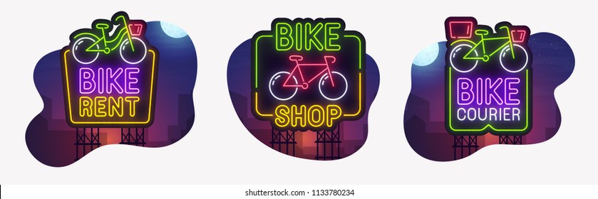 Big set neon billboard, theme bike. Rent Bike neon sign, isolated sticker, bright signboard, light banner. Vector illustration