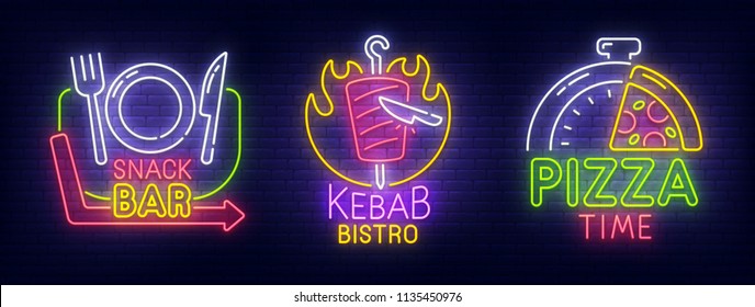 Big set neon billboard, theme Fast Food. Snak Bar, Kebab cafe and Pizza Time neon sign, isolated sticker, bright signboard, light banner. Vector illustration