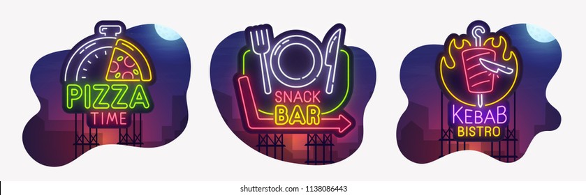 Big set neon billboard, theme Cafe and restaurant. Pizza Time, Snack Bar and Kebab Bistro neon sign, isolated sticker, bright signboard, light banner. Vector illustration