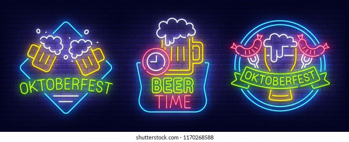 Big set neon billboard, theme Beer. Oktoberfest neon sign, isolated sticker, bright signboard, light banner. Vector illustration