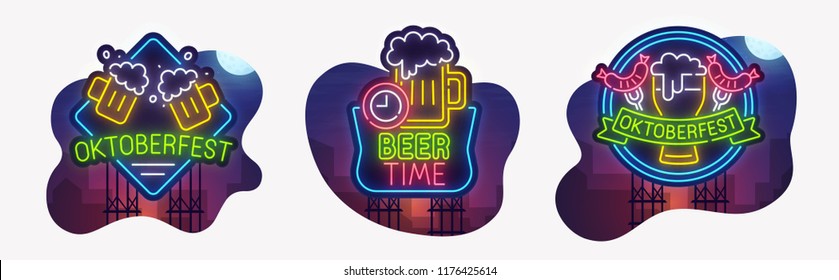 Big set neon billboard, theme Beer party. Oktoberfest neon sign, isolated sticker, bright signboard, light banner. Vector illustration