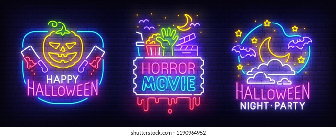 Big Set Neon Billboard, Theme Happy Halloween. Greeting Card Halloween. Horror Movie, Night Sky, Moon, Bat And Angry Pumpkin. Neon Sign, Isolated Sticker, Bright Signboard, Light Banner. 