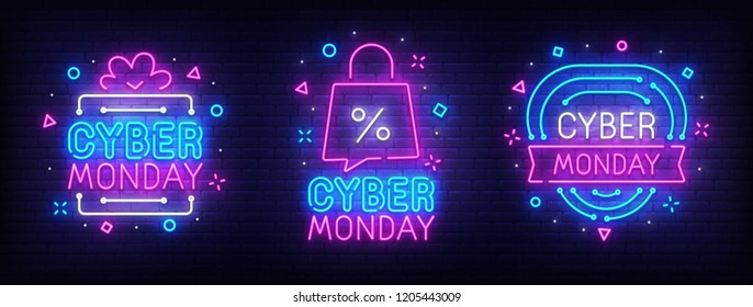 Big Set Neon Billboard, Theme Cyber Monday. Discount. Big Sale. Cyber Monday Logo, Label And Emblem. Neon Sign, Isolated Sticker, Bright Signboard, Light Banner. 