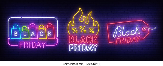 Grande cartaz de neon, tema Black Friday. Desconto. Grande venda. Logotipo, etiqueta e emblema da Cyber Monday. Sinal de néon, adesivo isolado, placa brilhante, faixa de luz.