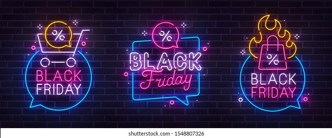 Big set neon billboard, theme Black Friday. Discount. Big sale. Cyber Monday logo, label and emblem. Neon sign, isolated sticker, bright signboard, light banner. 