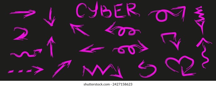 Gran conjunto de elementos dibujados a mano de neón Doodle aislados sobre fondo negro. Colección de pinceles Doodle Arrows púrpura. Flechas y subrayado en estilo Cyberpunk. Ilustración vectorial. EPS 10 Trazo editable