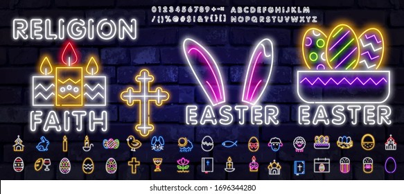 Big set of neon easter icons. Happy easter. Neon sign, banner on a brick wall background, you can use for your design