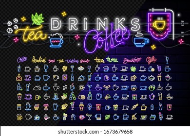 Big set of neon icons for bar and restaurant. Mugs glasses glasses for coffee, tea, wine in neon style. Color neon line Coffee cup icon isolated on black background. Tea cup. Hot drink coffee.