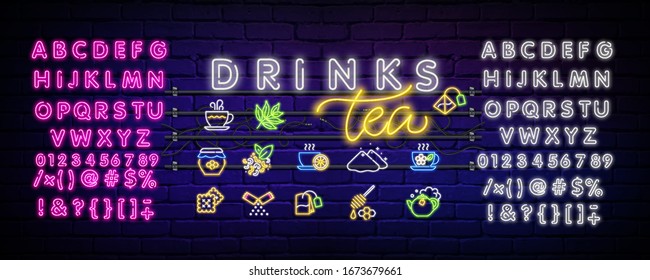 Big set of neon icons for bar and restaurant. Mugs glasses glasses for coffee, tea, wine in neon style. Color neon line Coffee cup icon isolated on black background. Tea cup. Hot drink coffee.