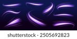 Big set neon line as speed or arc, turn, twist, bend in light effect. Futuristic dynamic motion technology. Neon color glowing lines background, high-speed light trails effect.	