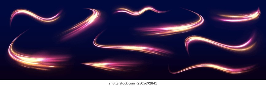 Big set neon line as speed or arc, turn, twist, bend in light effect. Futuristic dynamic motion technology. Neon color glowing lines background, high-speed light trails effect.	