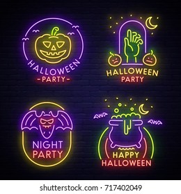 Big set neon logo, label, emblem. Happy Halloween. Neon sign, bright signboard, light banner. 