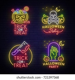 Big set neon logo, label, emblem. Happy Halloween. Neon sign, bright signboard, light banner. 