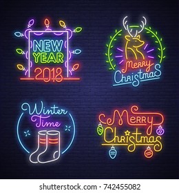 Big set neon logo, label, emblem. Happy New Year and Merry Christmas. Neon sign, bright signboard, light banner. 