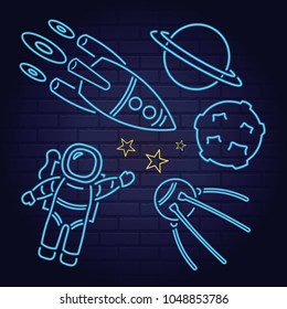 Big set Neon rocket space electric sign with planet, stars, comet, astronaut.