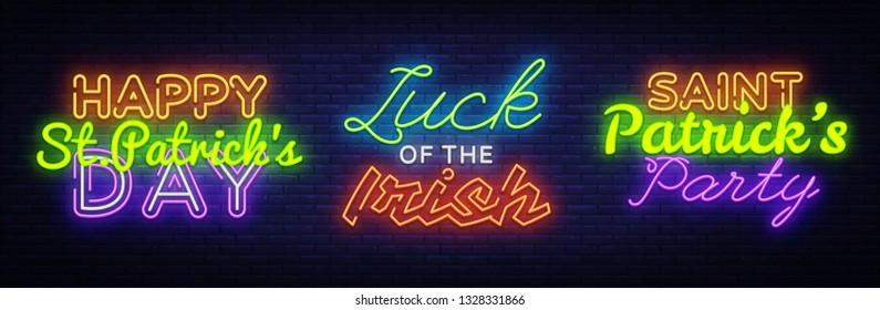 Big set neon signboard for St. Patrick's Day. Happy Saint Patrick's Day neon sign, design template, modern trend design, night neon signboard, night bright advertising. Vector illustration
