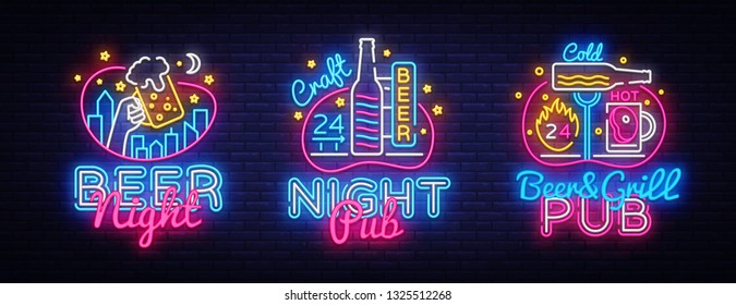 Big set neon signboard, theme Beer. Beer Pub Neon Banner Vector. Design template, modern trend design, night light signboard, night bright advertising. Vector illustration