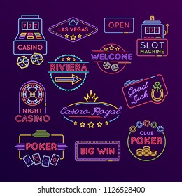 Big set of neon signs, bright signage. Light indicators glowing. Casino, gaming, gambling, roulette. Las Vegas, big win, Riviera, good luck, night casino royal club neon signs. Vector illustration