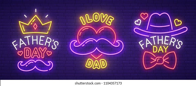 Big set neon sing. Father's Day label and logo. I love dad banner, logo, emblem and label. Bright signboard, light banner. Vector illustration