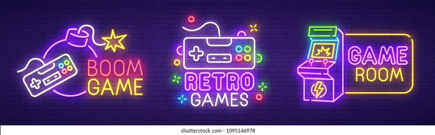 Big set neon sing. Game room label and logo. Gamer banner, logo, emblem and label. Bright signboard, light banner. Game logo. Vector illustration