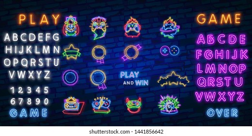 Big Set Neon Sing. Game Room Label And Logo. Gamer Banner, Logo, Emblem And Label. Bright Signboard, Light Banner. Game Logo. Vector Illustration