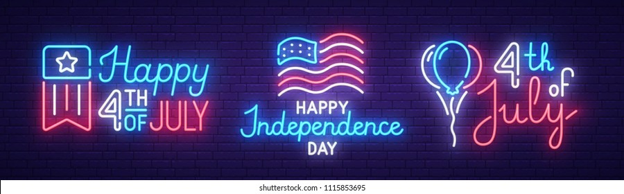 Big set neon sing. Happy 4th of July label and logo. July Fourth banner, logo, emblem and label. Bright signboard, light banner. Vector illustration