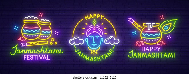 Big set neon sing. Krishna Janmashtami label and logo. Happy Janmashtami banner, logo, emblem and label. Bright signboard, light banner. Vector illustration