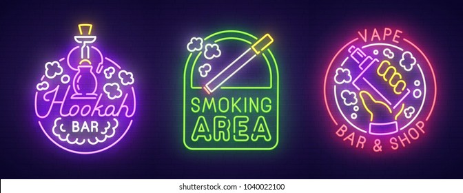 Big set neon sing. Smoke, Vape and Hookah bar . Smoking banner, logo, emblem and label. Bright signboard, light banner. Vector illustration