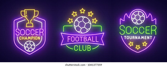 Big set neon sing. Soccer label and logo. Football banner, logo, emblem and label. Bright signboard, light banner. Vector illustration