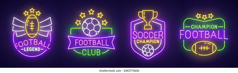 Big set neon sing. Soccer label and logo. American football banner, logo, emblem and label. Bright signboard, light banner. Vector illustration