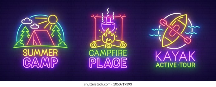 Big set neon sing. Summer camping label and logo. Kayak banner, logo, emblem and label. Bright signboard, light banner. Vector illustration