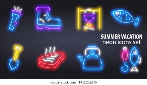 Big set neon sing. Summer camping label and logo. Kayak banner, logo, emblem and label. Bright signboard, light banner. Forest, mountain, water and camping.