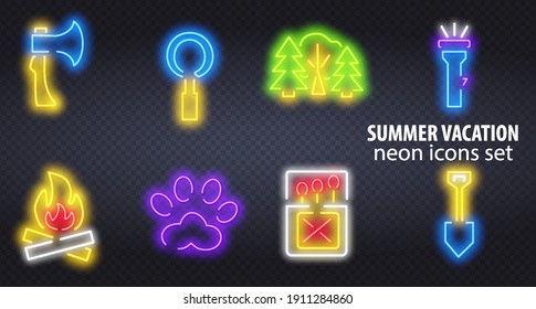 Big set neon sing. Summer camping label and logo. Kayak banner, logo, emblem and label. Bright signboard, light banner. Forest, mountain, water and camping.